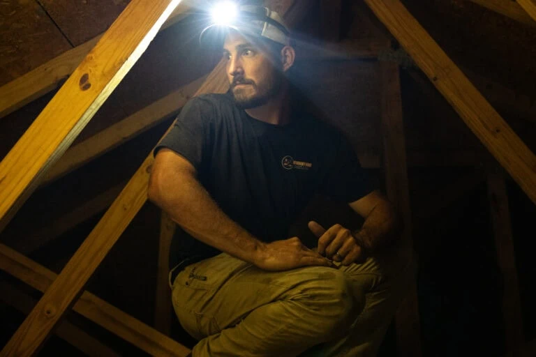 Termite control technician inspecting an attic with a headlamp, checking for termites and other pests in a wooden structure.