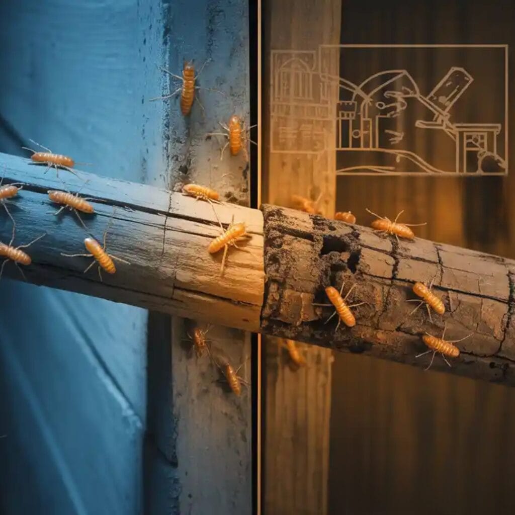 Termites crawling on damaged wooden beams, illustrating severe structural damage caused by an infestation.