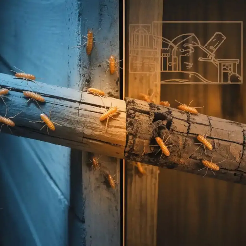 Termites crawling on damaged wooden beams, illustrating severe structural damage caused by an infestation.
