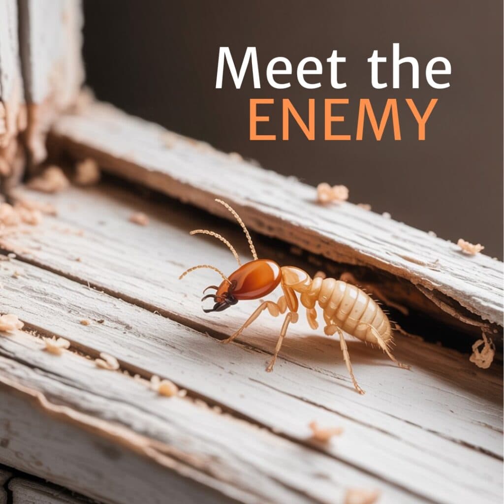 Close-up of a termite on damaged wood with text saying "Meet the Enemy," symbolizing termite infestations and the need for professional pest control services.