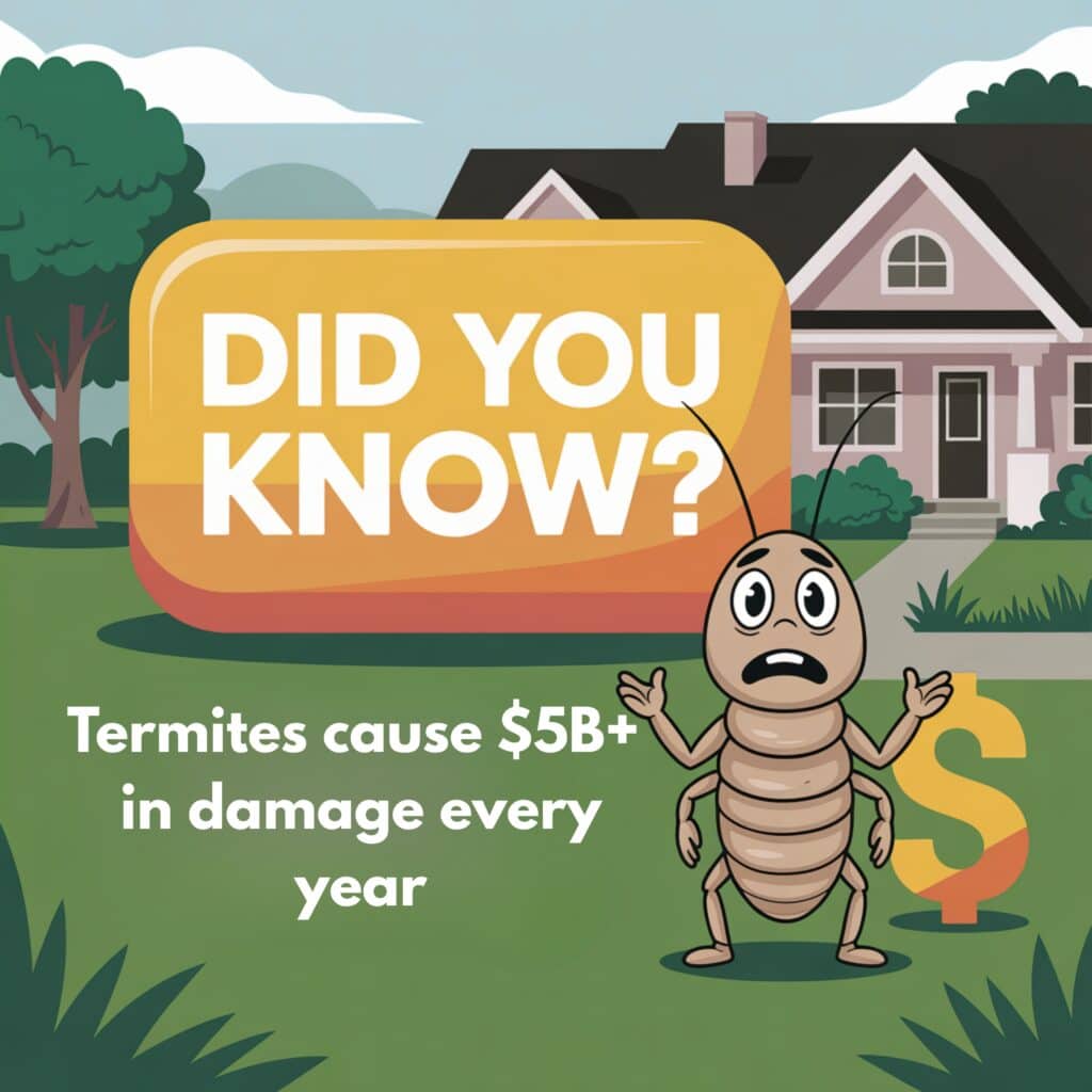 Cartoon termite standing in front of a house with a dollar sign and text reading, "Did you know? Termites cause $5B+ in damage every year," highlighting the costly impact of termite infestations.